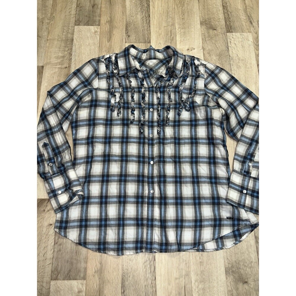 SEVEN7 Pleated Ruffle Blue Plaid Pearl Snap Button Front Long Sleeve Top 18/20